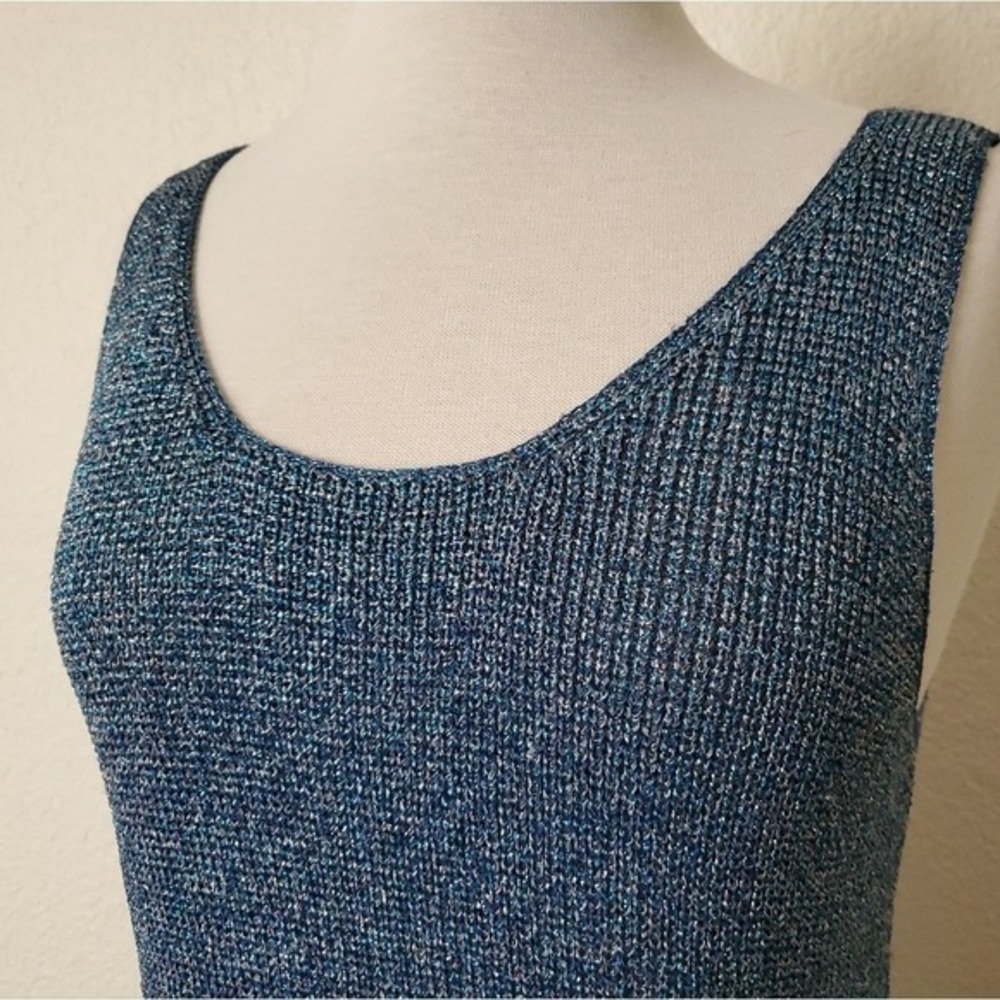Vintage 90s Blue Crochet Knit Tank Christine Phillipe Sleeveless Shimmer Top M - Picture 7 of 14